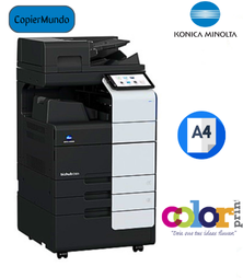 Impresora Konica Minolta blanca y negra con pantalla táctil