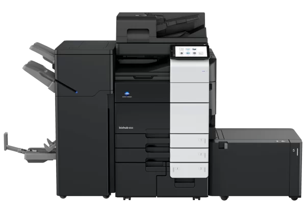 Impresora multifuncional Konica Minolta negra con escáner y alimentador automático
