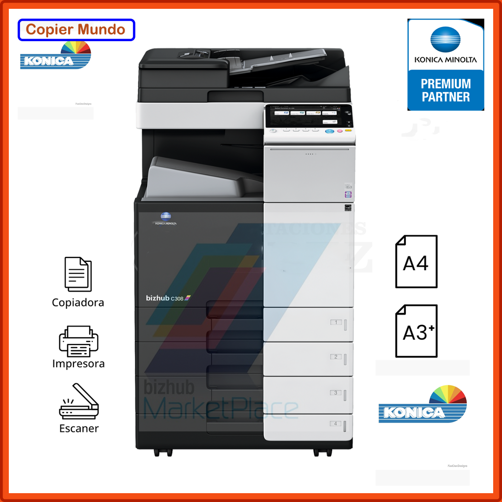 Impresora multifuncional Konica Minolta negra con escáner y alimentador automático