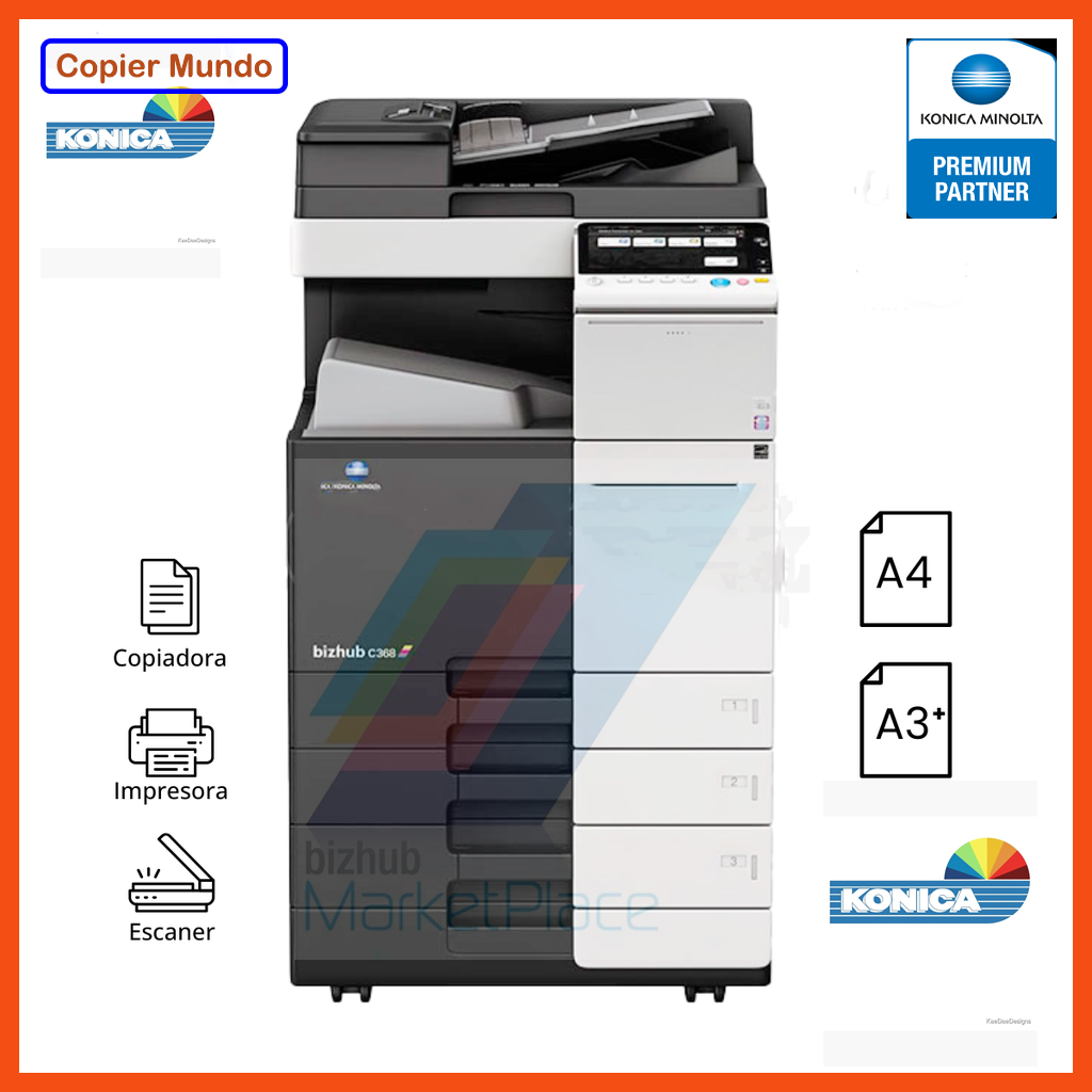 Impresora multifuncional Konica Minolta negra con escáner y alimentador automático