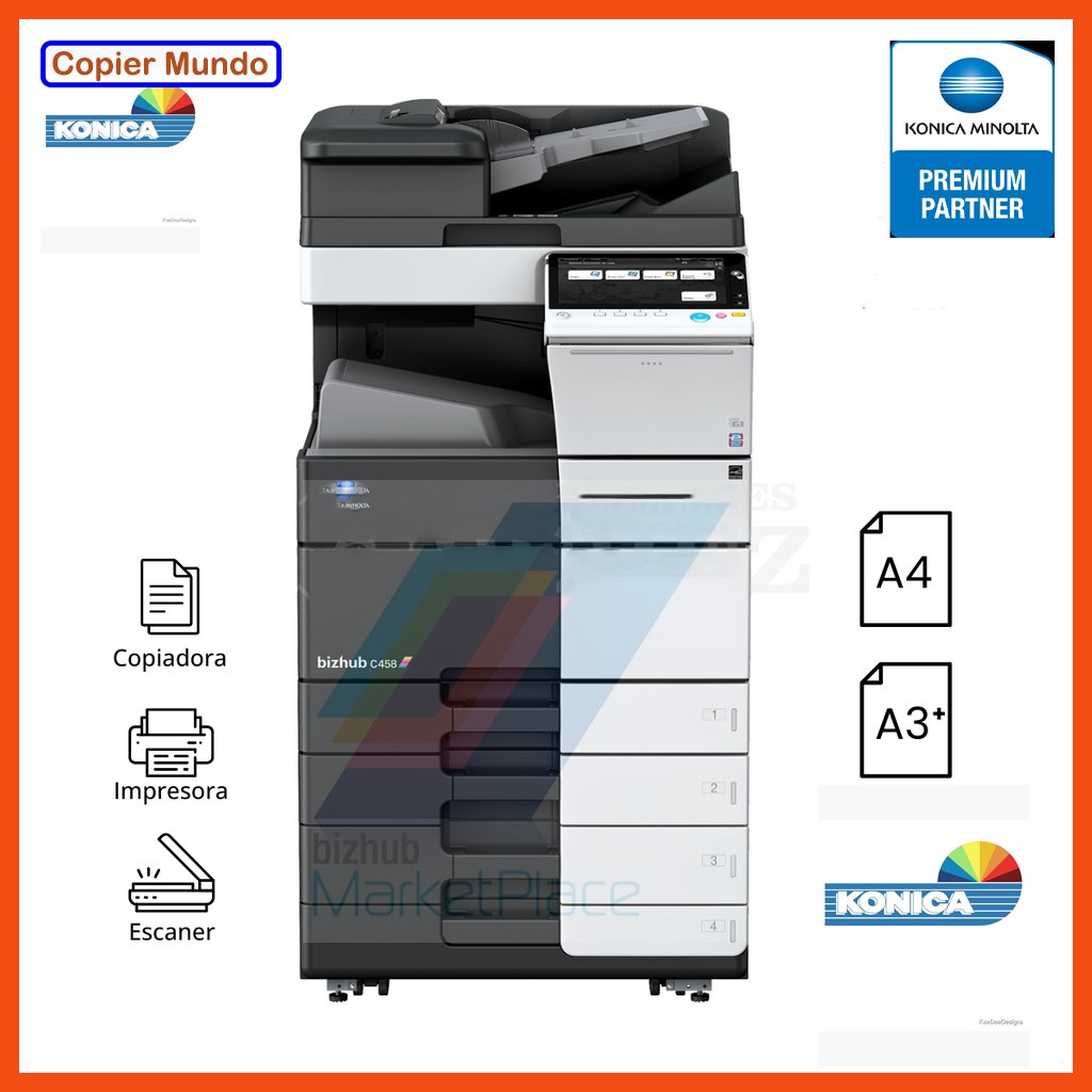 Impresora multifuncional Konica Minolta negra con escáner y alimentador automático