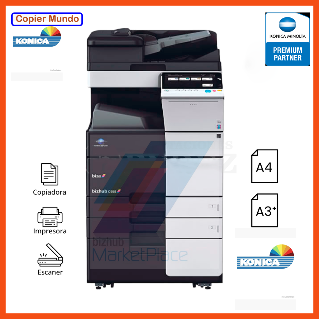 Impresora multifuncional Konica Minolta negra con escáner y alimentador automático