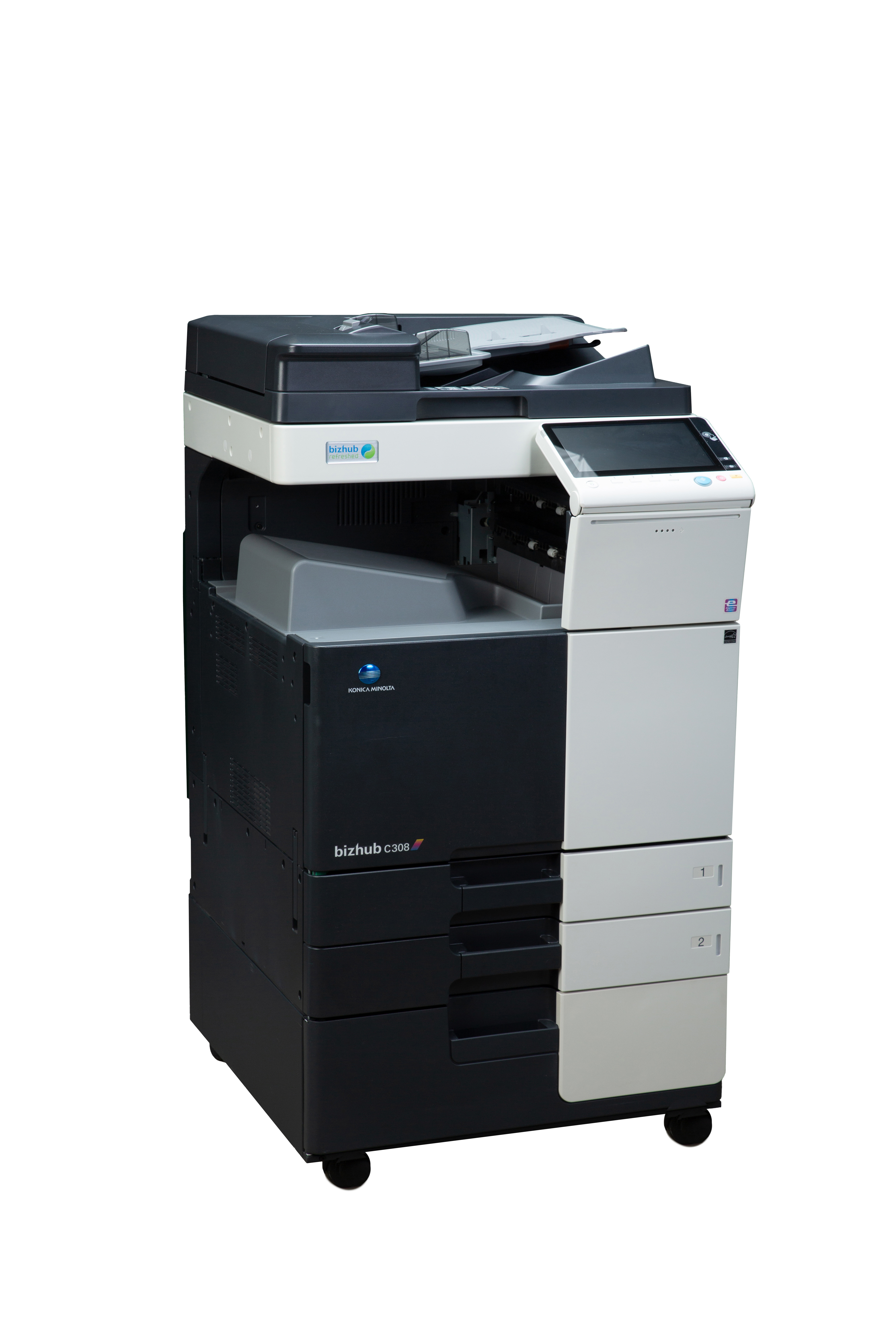 Impresora multifuncional Konica Minolta negra con escáner y alimentador automático