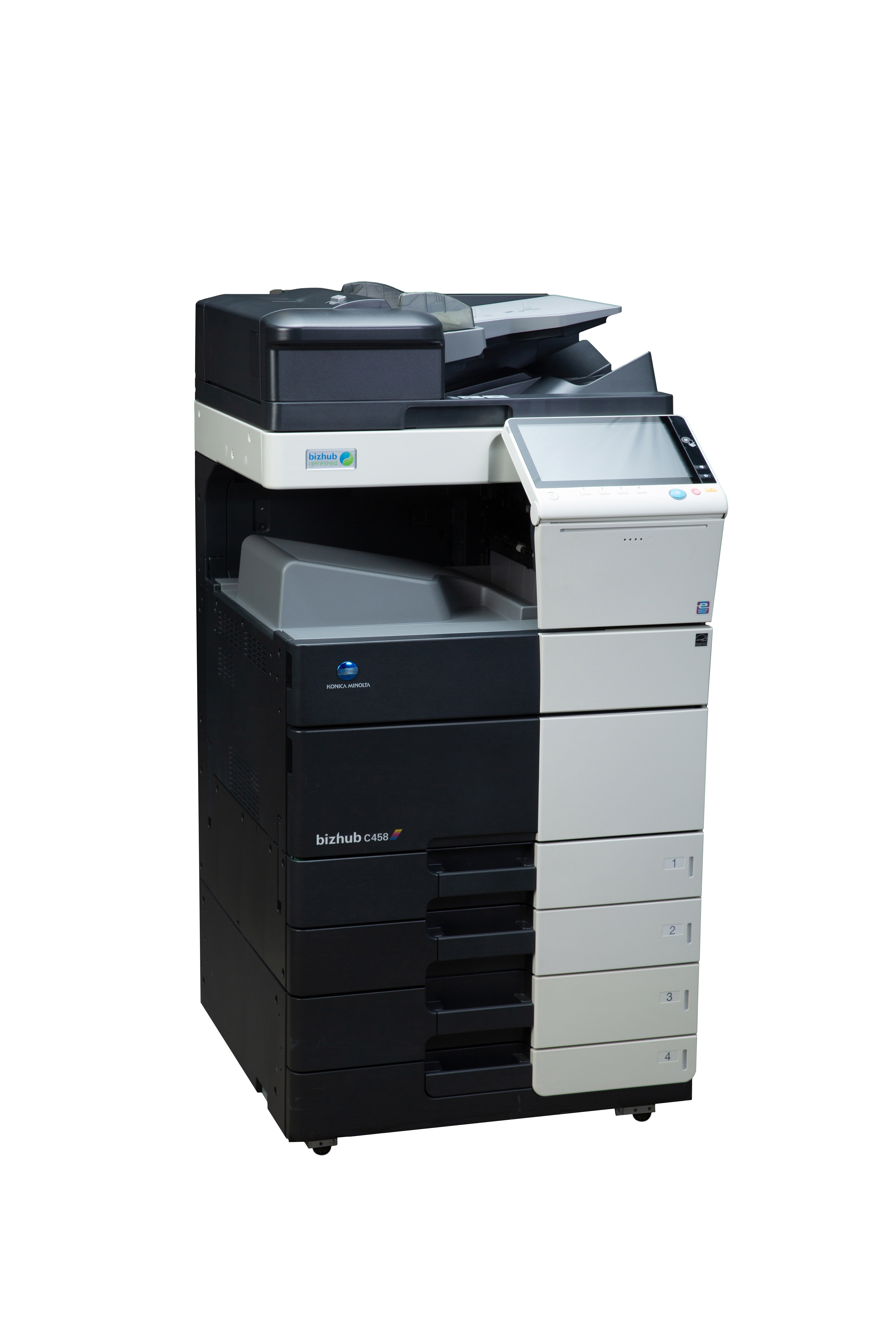 Impresora multifuncional Konica Minolta negra con escáner y alimentador automático