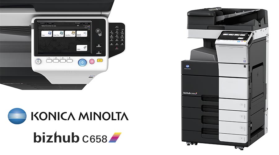Impresora multifuncional Konica Minolta negra con escáner y alimentador automático
