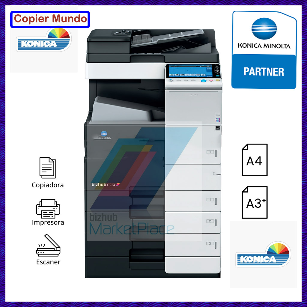 Impresora multifuncional Konica Minolta negra con escáner y alimentador automático