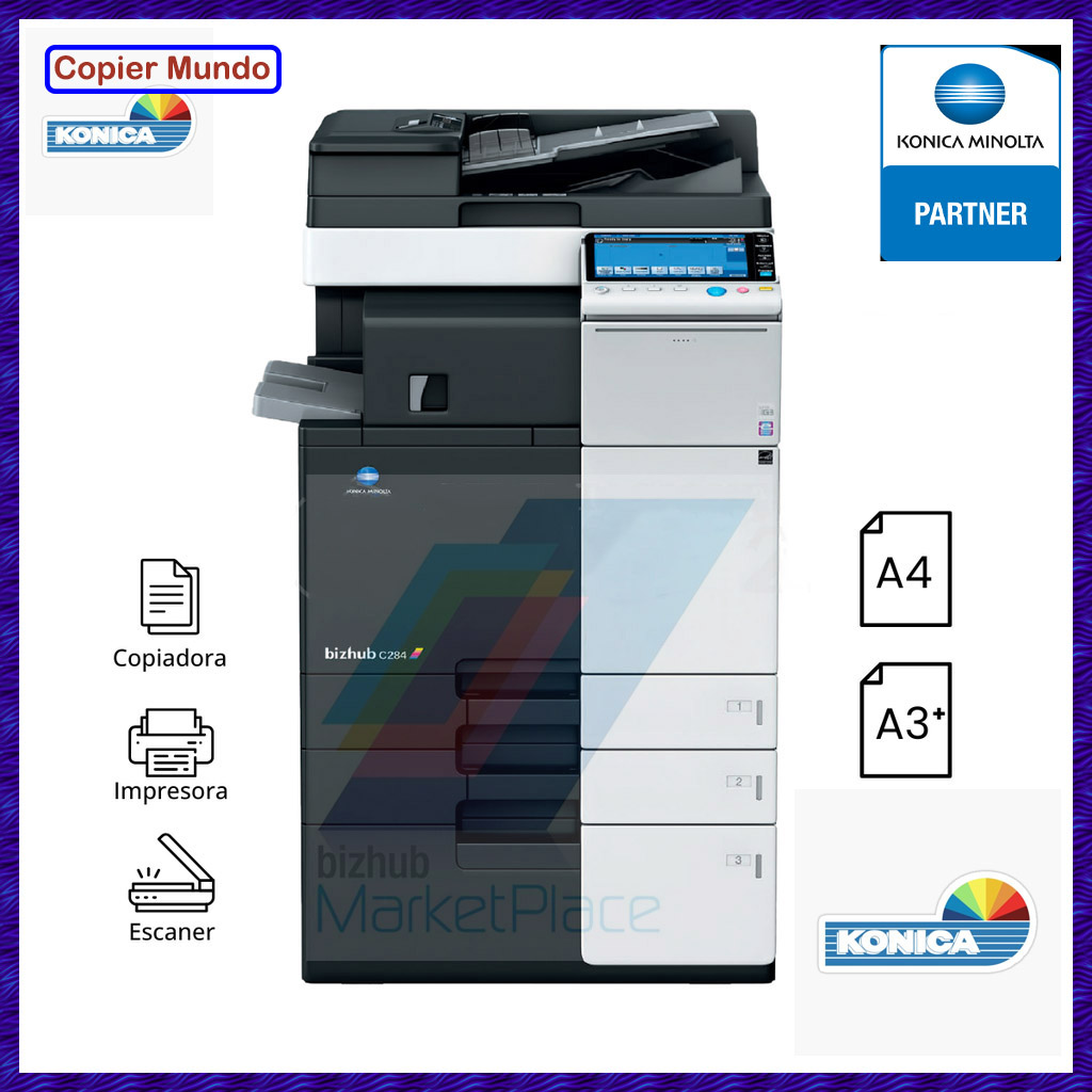 Impresora multifuncional Konica Minolta negra con escáner y alimentador automático