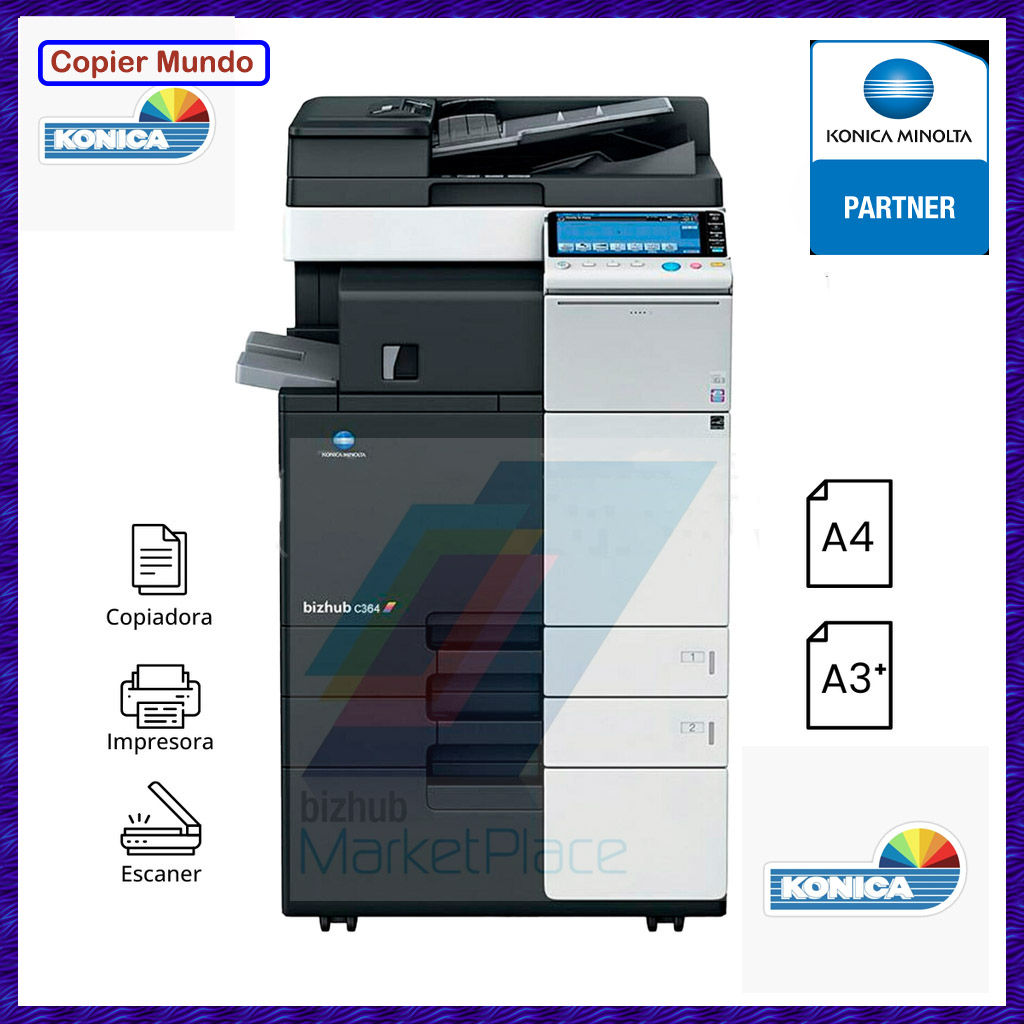 Impresora multifuncional Konica Minolta negra con escáner y alimentador automático