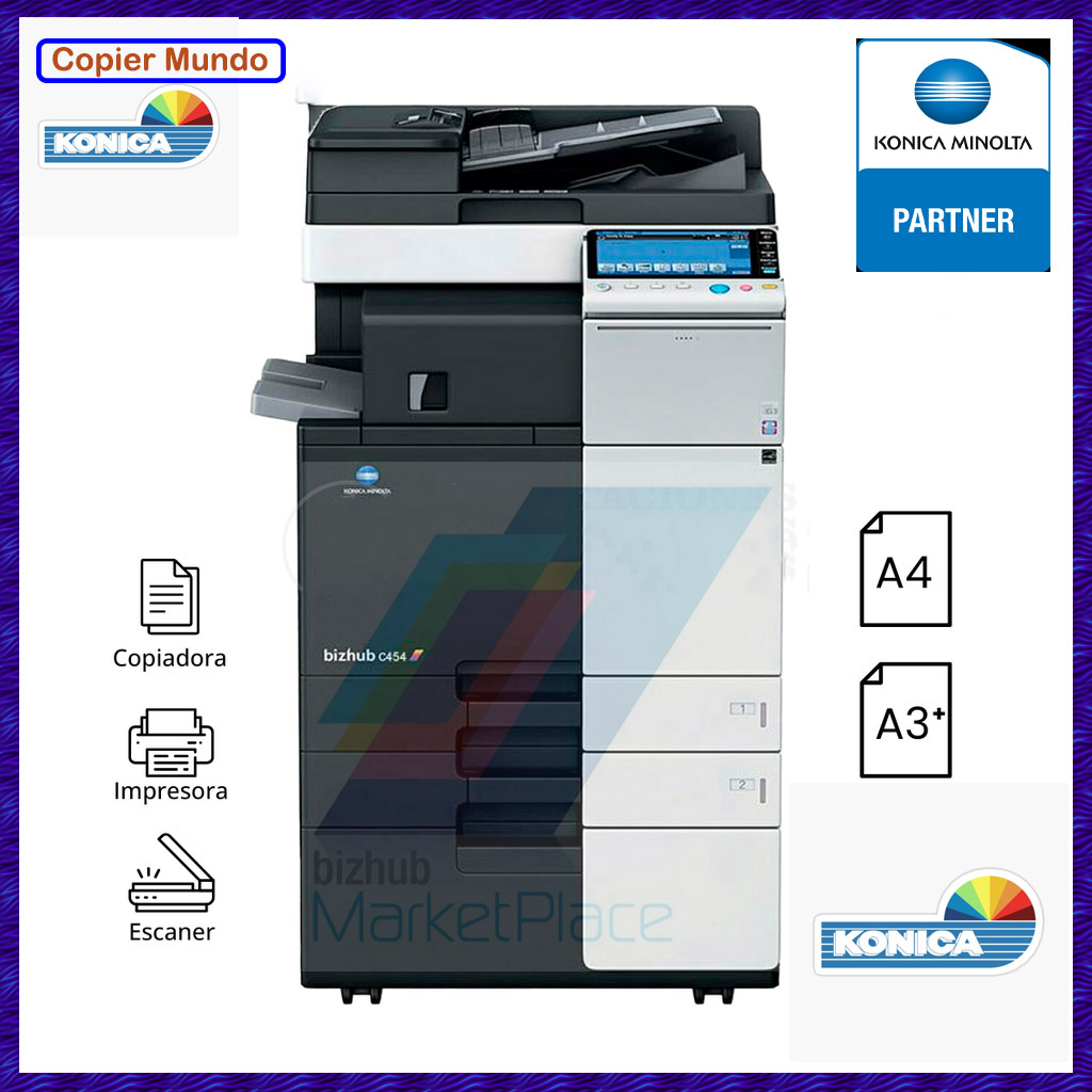 Impresora multifuncional Konica Minolta negra con escáner y alimentador automático