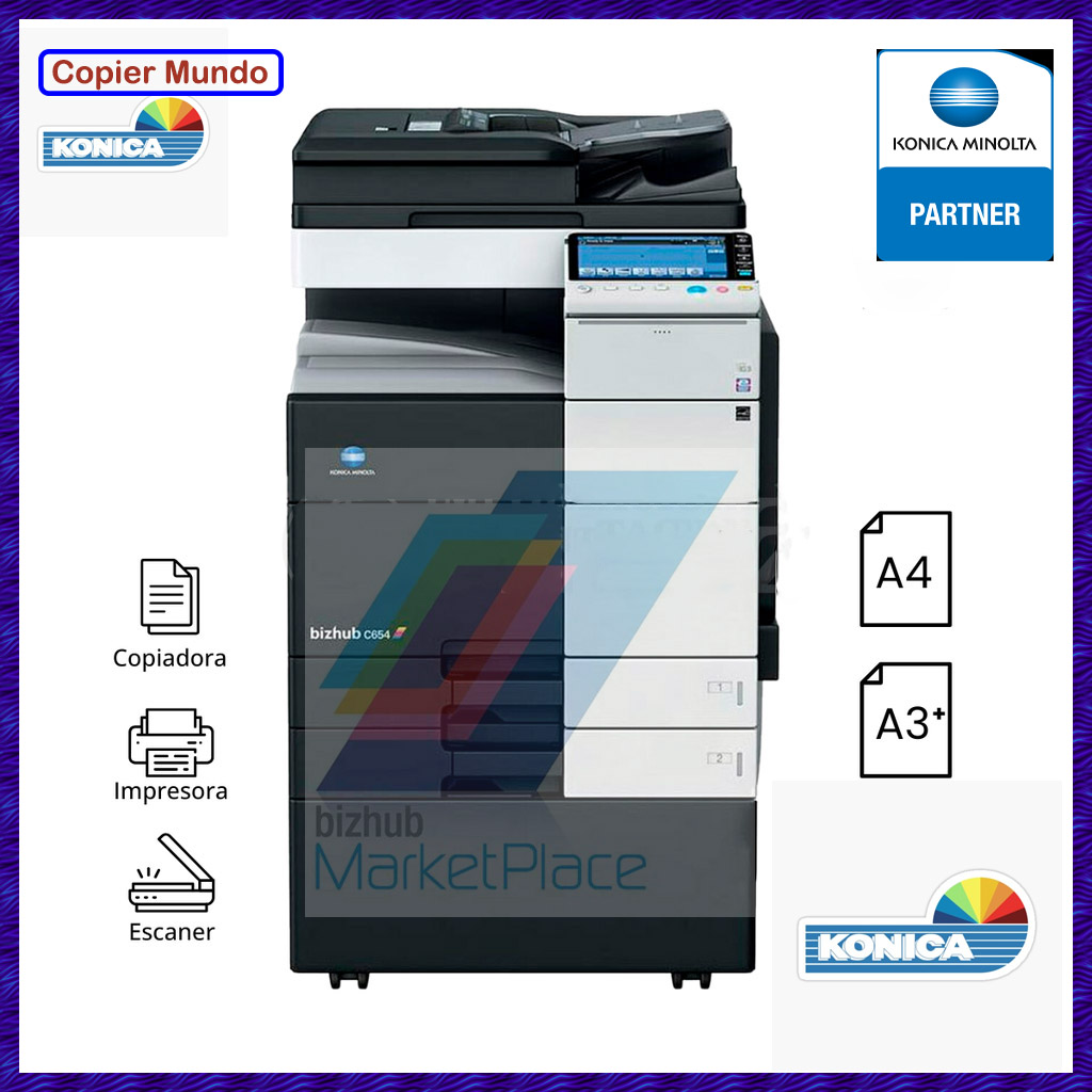 Impresora multifuncional Konica Minolta negra con escáner y alimentador automático