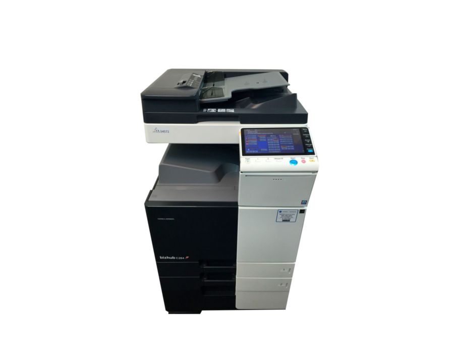 Impresora multifuncional Konica Minolta negra con escáner y alimentador automático