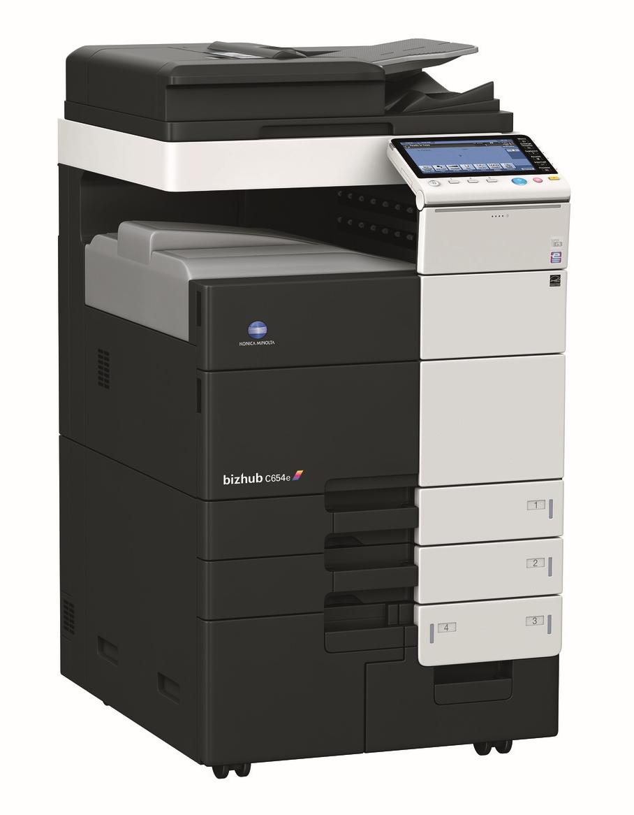 Impresora multifuncional Konica Minolta negra con escáner y alimentador automático