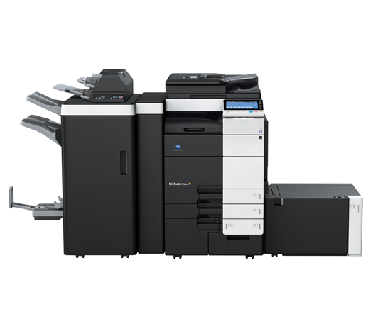 Impresora multifuncional Konica Minolta negra con escáner y alimentador automático