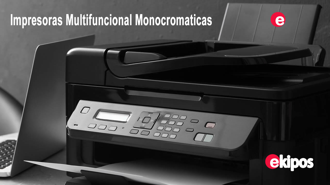 Impresora en fondo oscuro con pantalla y bandejas